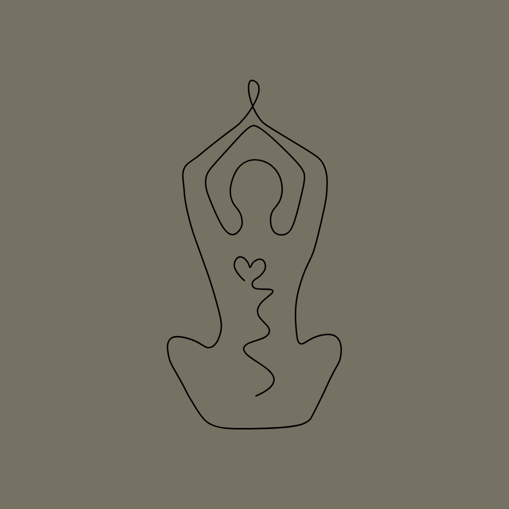Line drawing of a woman in a seated yoga pose with arms raised above her head, forming a heart shape in the center, representing the philosophy of practitioner: the work as decolonized and trauma informed.