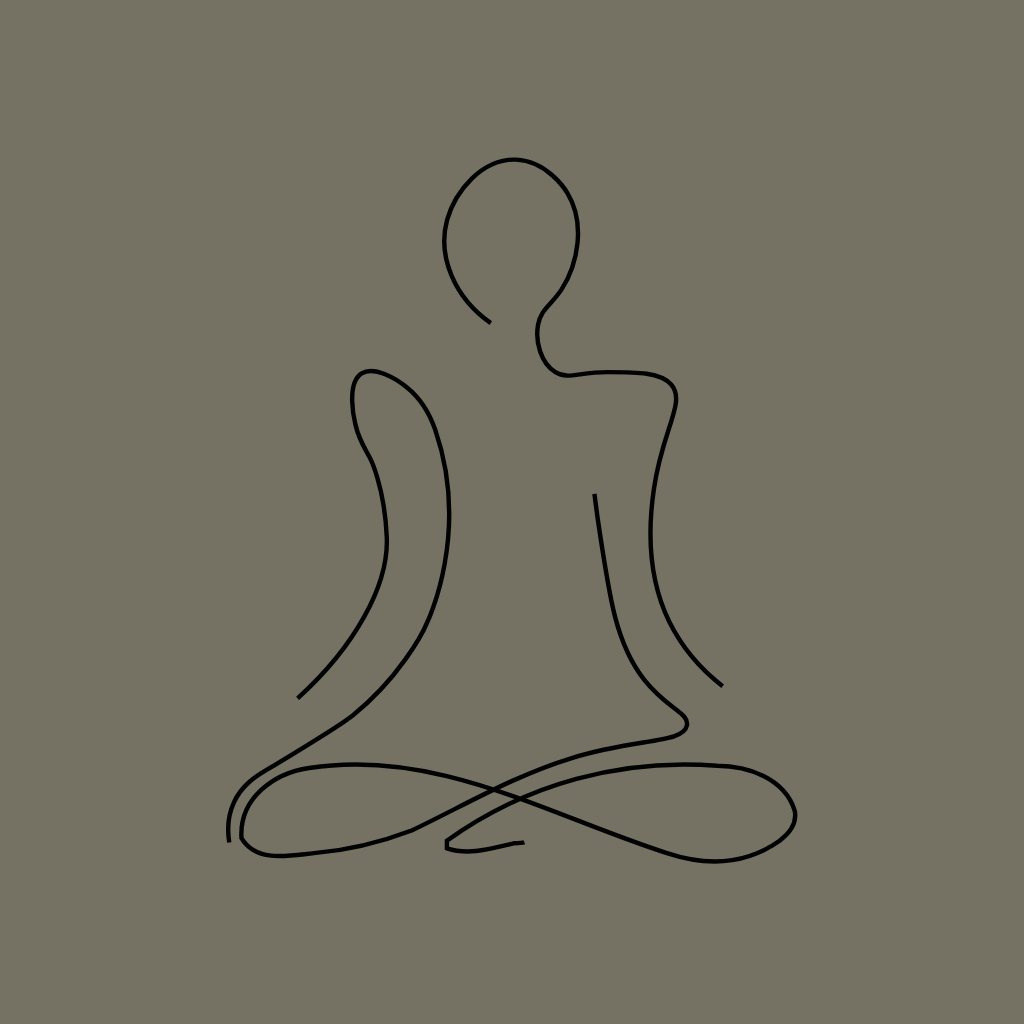 Minimalist line drawing of a person sitting in a meditative pose, representing the philosophy of practitioner: embodied sovereignty.