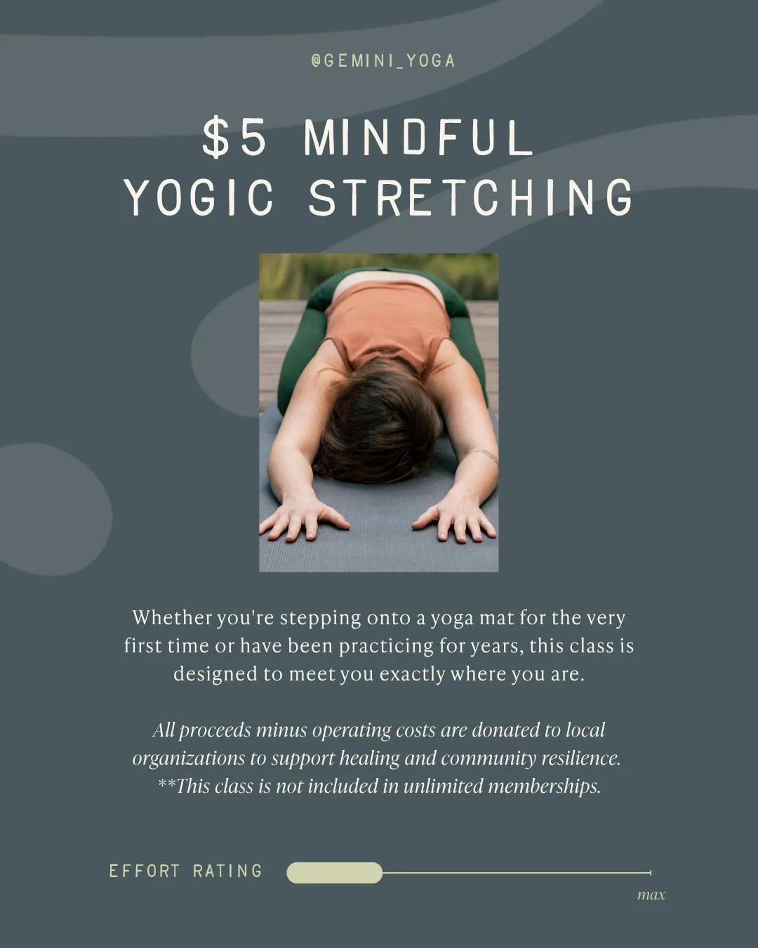 $5 Mindful Yogic Stretching with Ronnie Paul begins Monday, September 28 from 12&ndash;1pm. Book your spot in a class that gives back!

All proceeds, minus operating costs, are donated to local organizations supporting healing and community resilienc