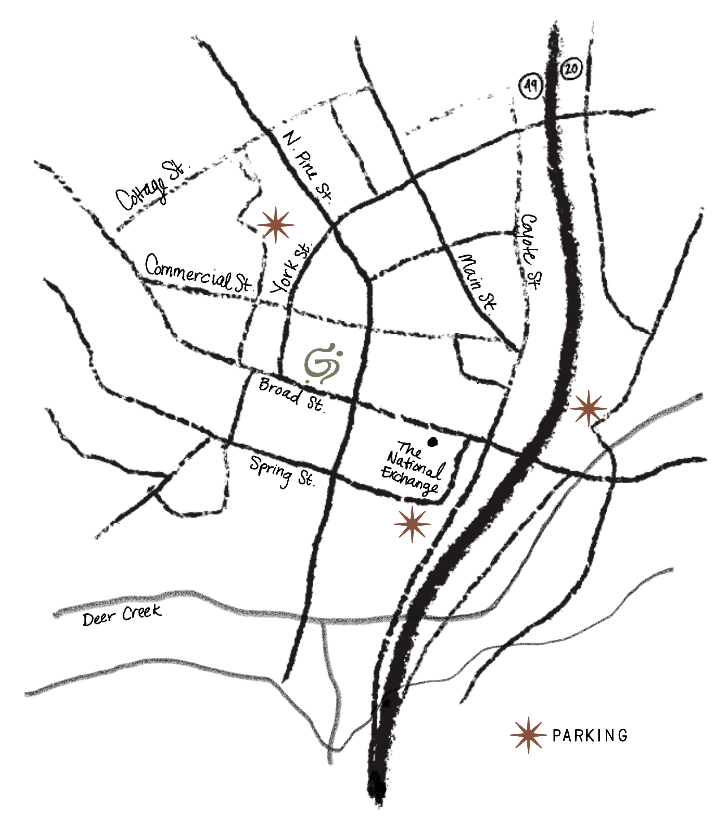 A stylized map of a neighborhood with roads and property lines, featuring a starburst symbol in one area and a spiral symbol in another, on a black background.