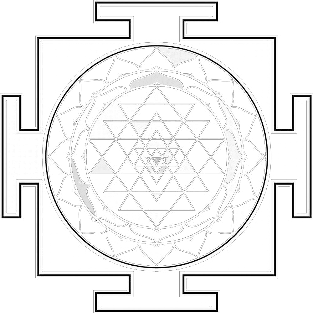A white, intricate geometric pattern on a black background, featuring several concentric circles with layered shapes, overlapping triangles, and a decorative border. Shree Yantra, divine geometry