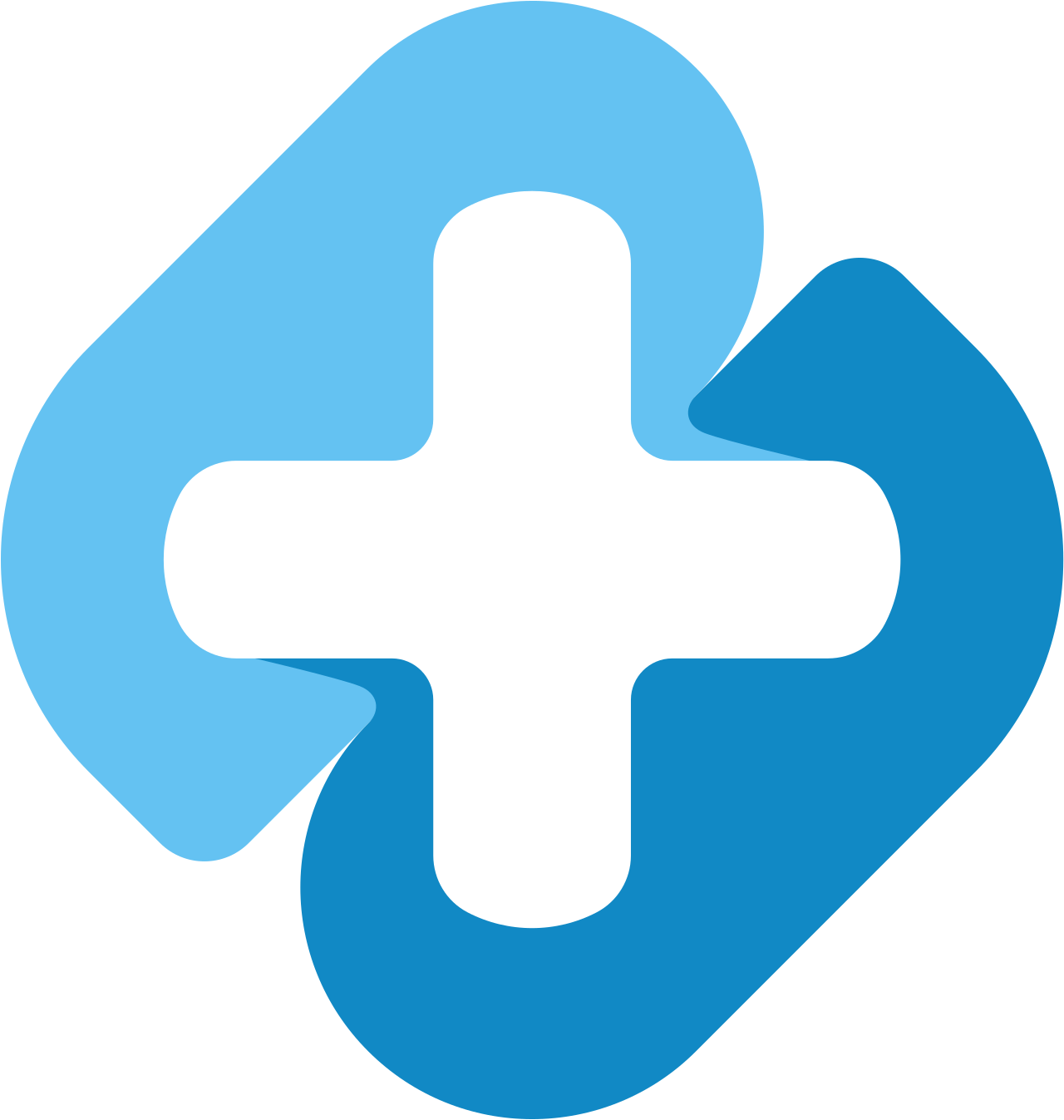 Medical cross symbol with a white plus sign inside, overlapping two curved blue shapes.