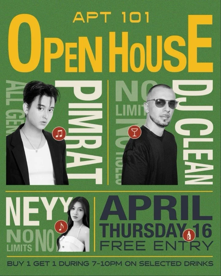 APT101 &mdash; Thursday

Open House is back. Songkran might be over &mdash; the chaos isn&rsquo;t.

Viral sensation @pimratq takes the lead, backed by veteran @djcleann and new blood @neyytrs .

Nothing but upfront, feel-good hits for the soul.