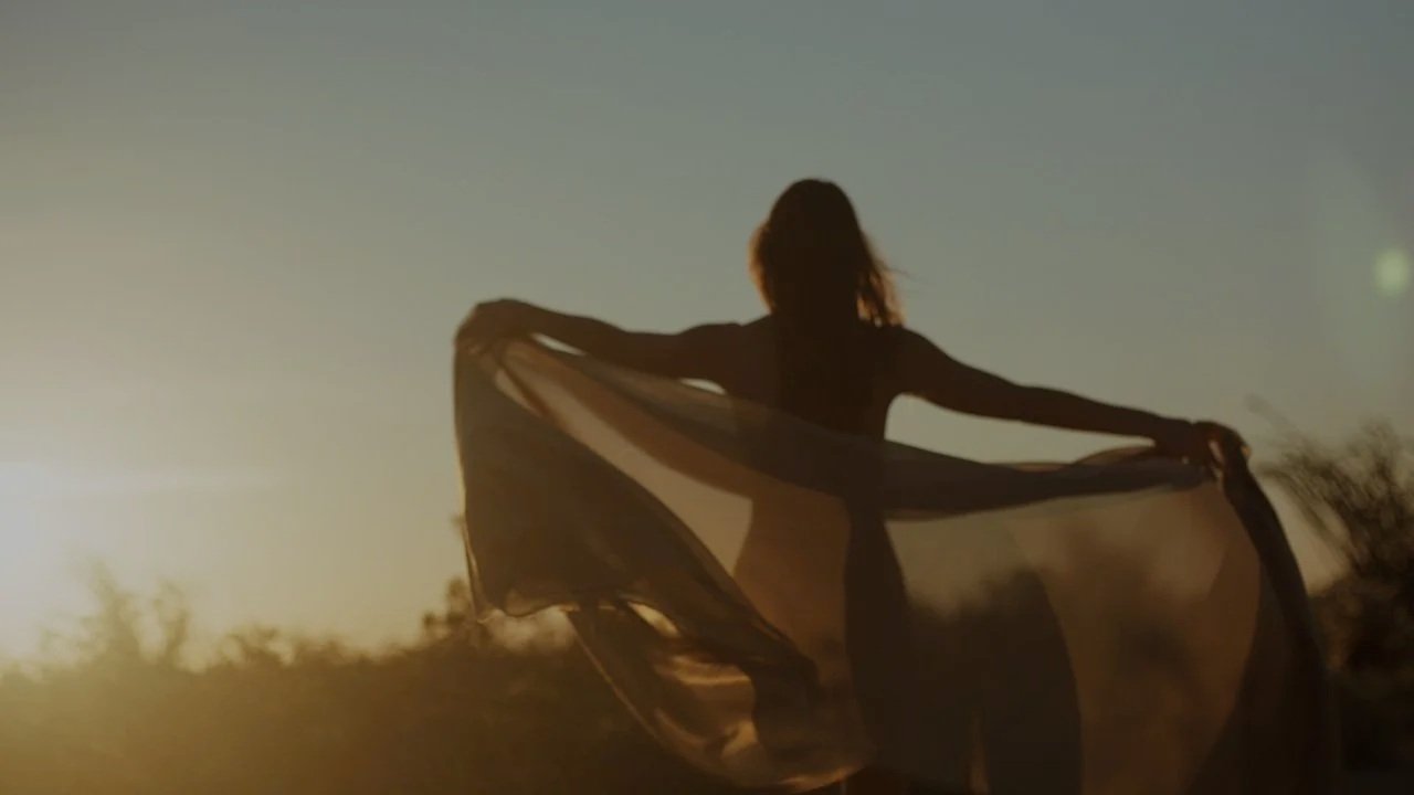 Silhouette of a woman holding a flowing piece of fabric during sunset or sunrise.