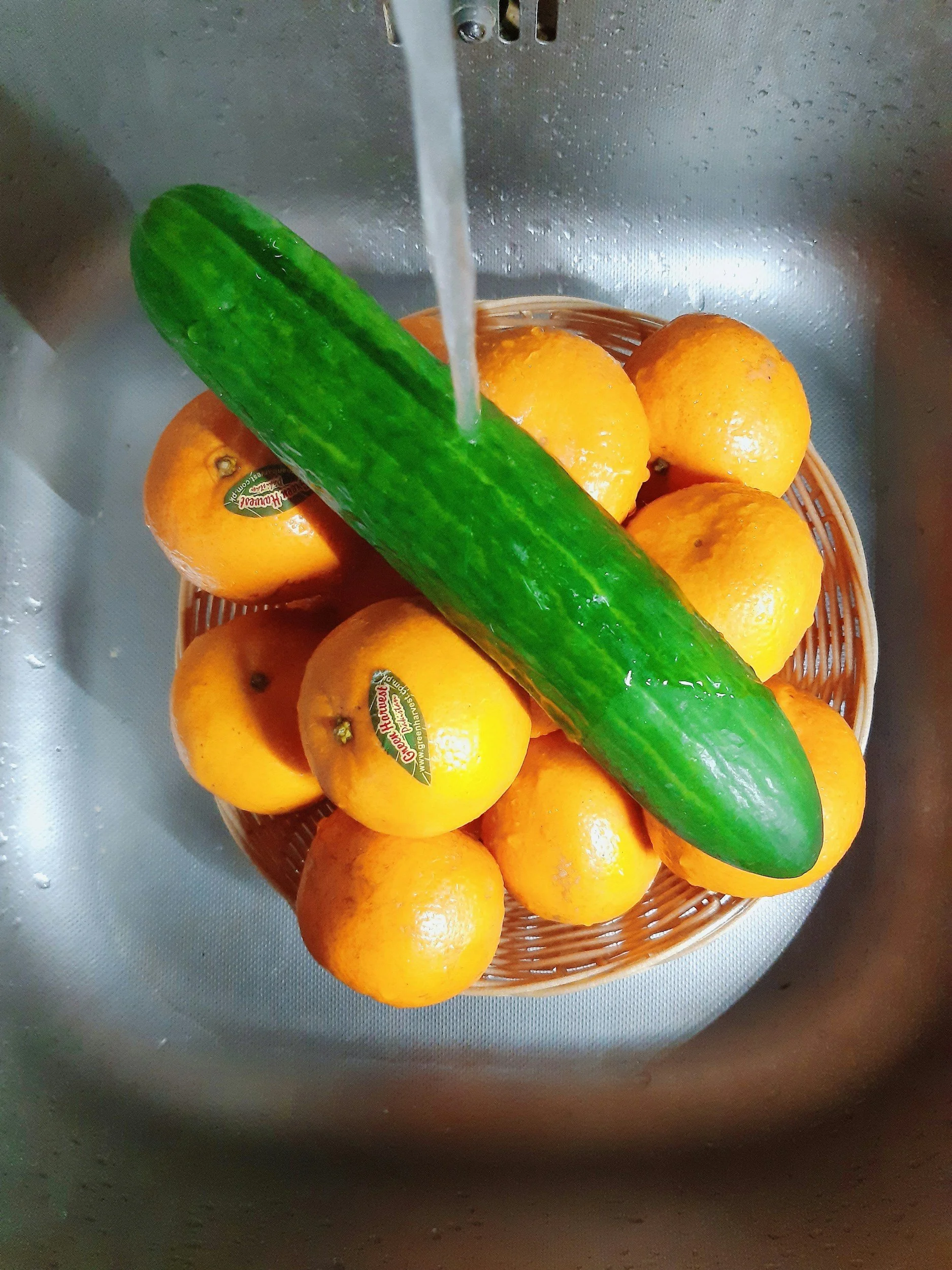A cucumber and several oranges in a sink with water running on the cucumber.