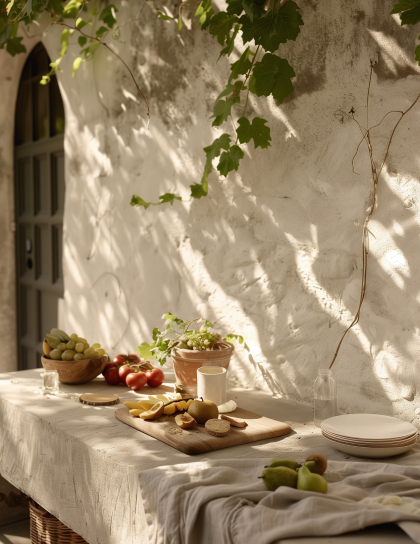 Outdoor table with snacks and drinks, white tablecloth, potted plant, and sunlight casting shadows on a white wall with climbing vines.