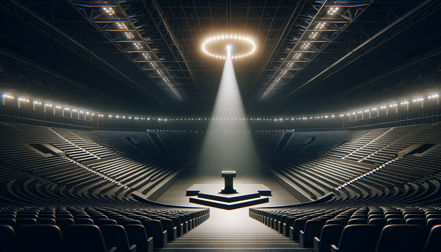 Empty concert hall with a central stage and podium, spotlight shining from a circular opening in the ceiling, surrounded by dark seating arranged in a bowl shape.