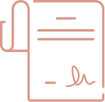 A pink outline drawing of a receipt or invoice with lines of text and a signature at the bottom.