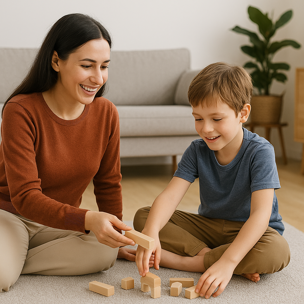 A woman and a young boy playing with wooden blocks on the carpet in a living room.