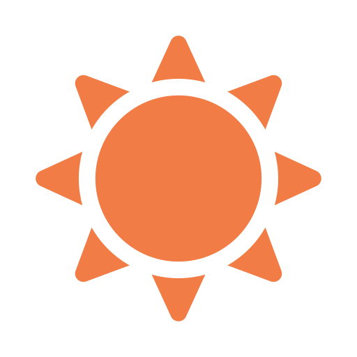 Icon of a stylized sun with a black outline and orange rays.
