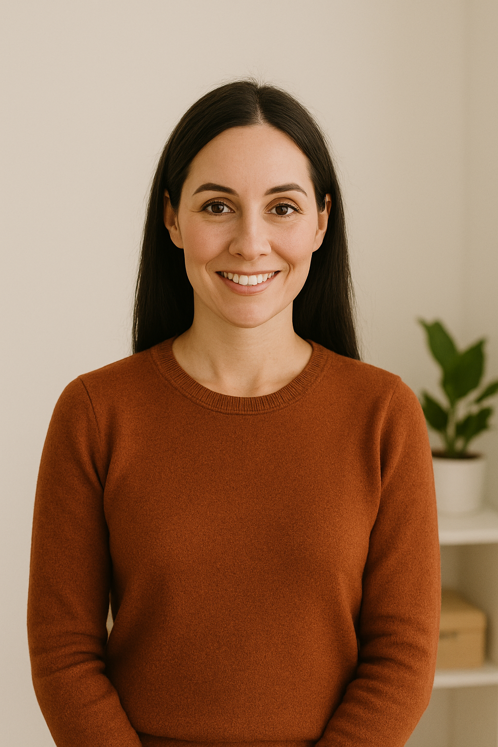 A woman with long dark hair, smiling, wearing an orange-brown sweater, standing indoors with a plant on a shelf in the background.