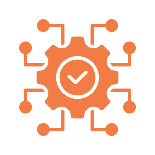 An orange gear connected to eight lines with circular endpoints, containing a checkmark inside a circle in the center.