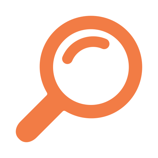 Orange magnifying glass icon on a black background.