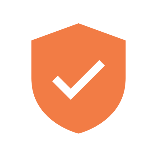 A shield icon with an orange background and a black check mark in the center, representing security or protection.