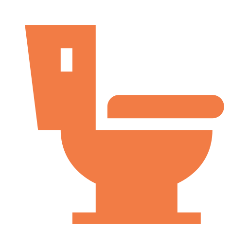 An icon of a toilet in orange color on a black background.