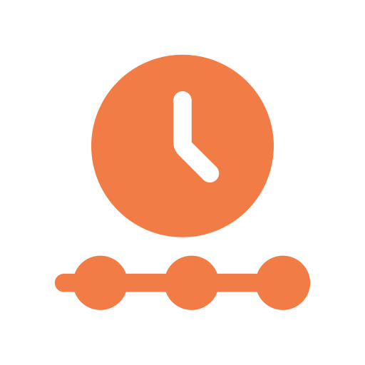 An orange clock with black hour and minute hands and four orange circles connected by a line underneath.