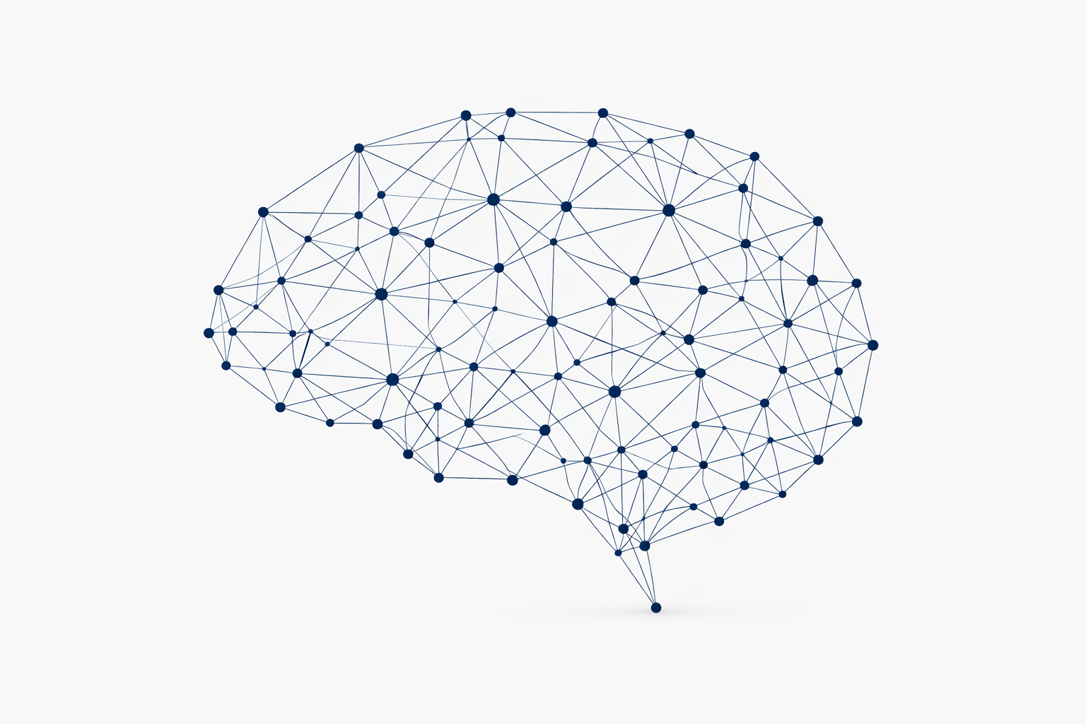 Illustration of a human brain made with interconnected lines and dots in a network pattern, representing artificial intelligence or neural connections.