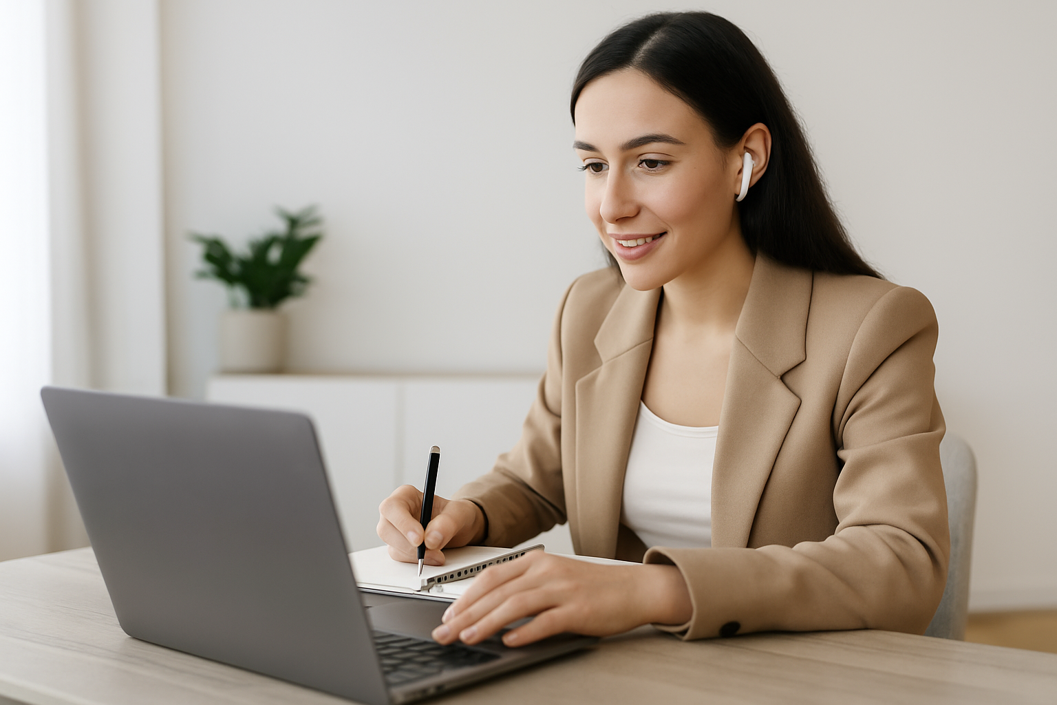 A woman sitting at a desk working on a laptop with a notepad and pen, wearing a beige blazer and white shirt, with earbuds in her ears.