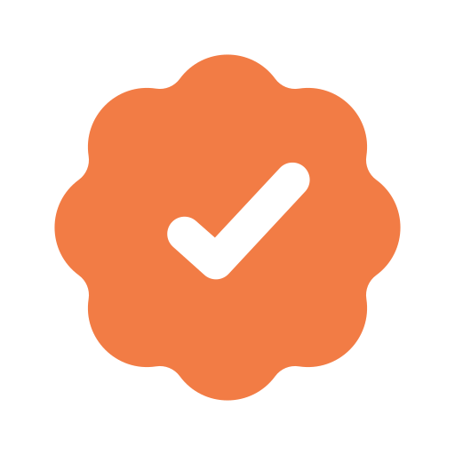 Orange badge with black checkmark in the center.