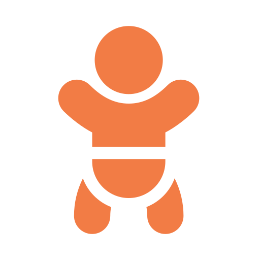 Simplified icon of a baby with outstretched arms and chubby body.