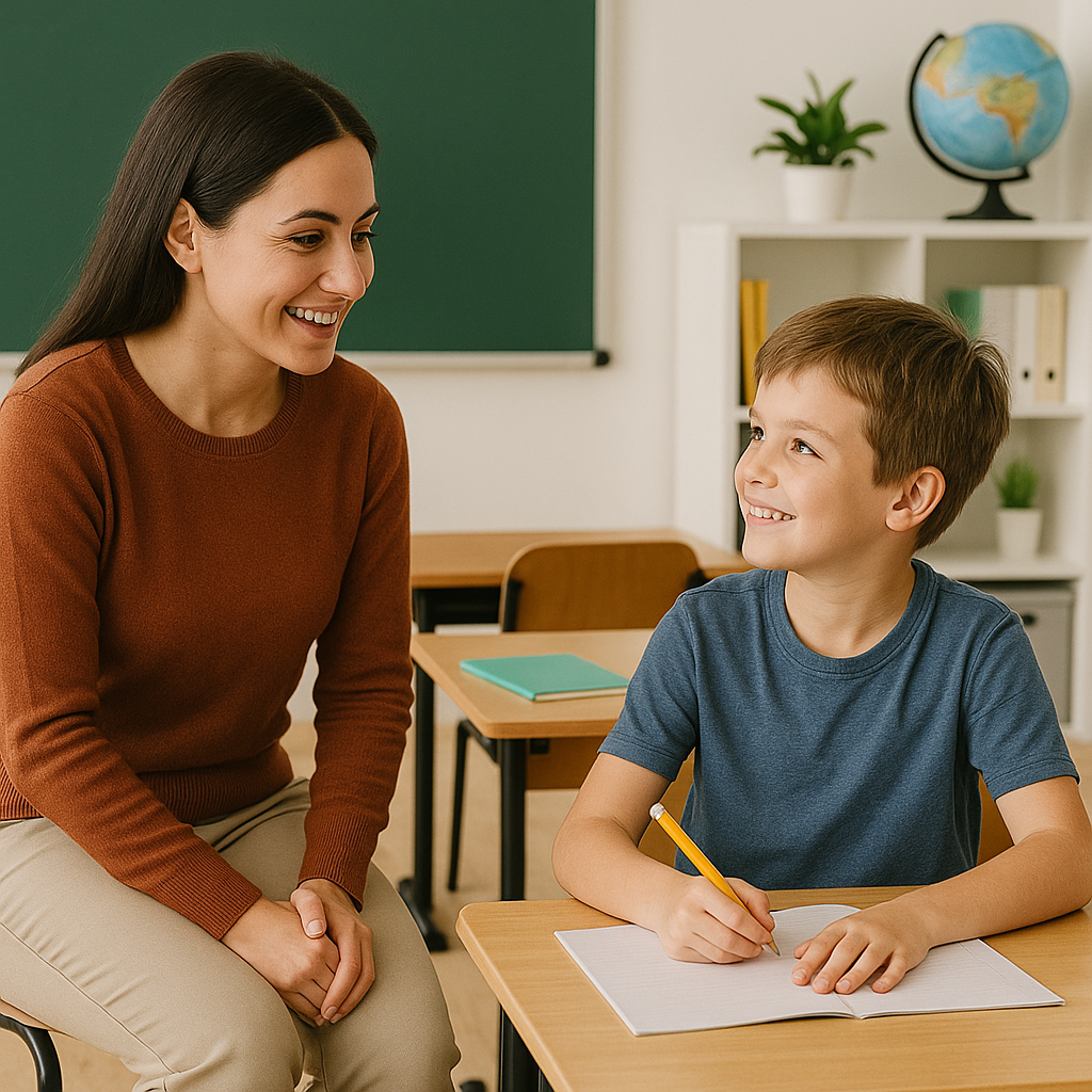 A smiling teacher leaning towards a young student in a classroom. The student is sitting at a desk, holding a yellow pencil, and looking up at the teacher while smiling. In the background, there is a globe, a green potted plant on a white bookshelf, and a green chalkboard.