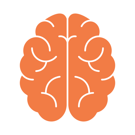Illustration of a human brain in orange with black outlines.