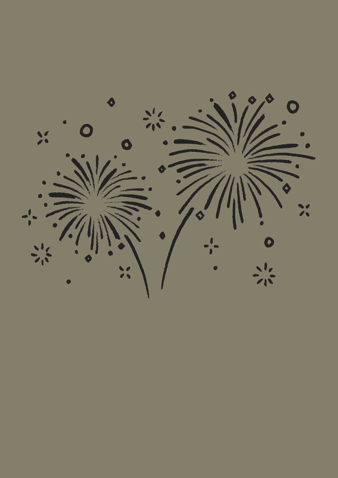 Schwarz-weiße Zeichnung von Feuerwerk, das bei einer Feier explodiert, auf grauem Hintergrund.