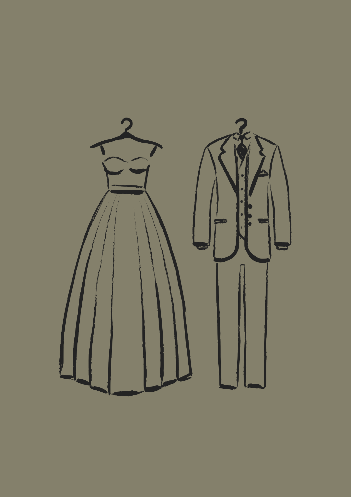 Skizze von einem langen Abendkleid und einem Herrenanzug auf Kleiderbügel.
