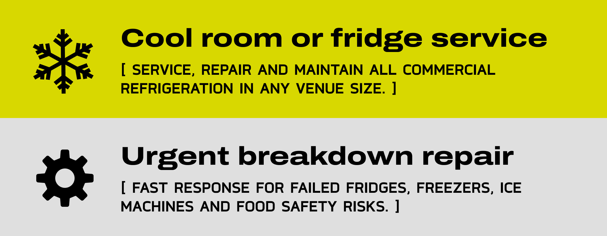 Sign for cool room or fridge service and urgent breakdown repair, with icons of a snowflake and a gear.