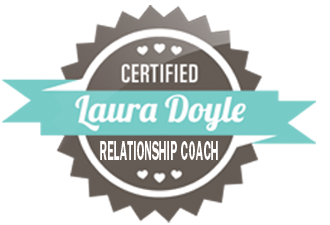Certified Relationship Coach badge with the name Laura Doyle and a teal ribbon
