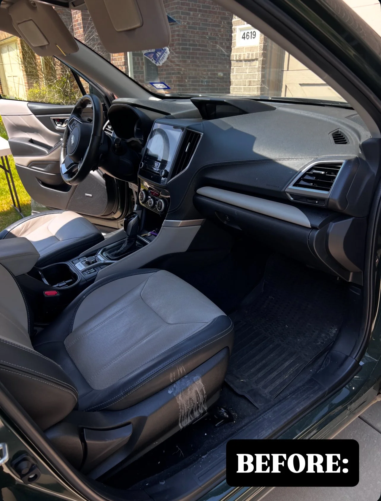 Interior of a car showing a front passenger seat with visible patches of peeling and damage on the seat and floor mat, with a label reading 'BEFORE:' in the bottom right corner.