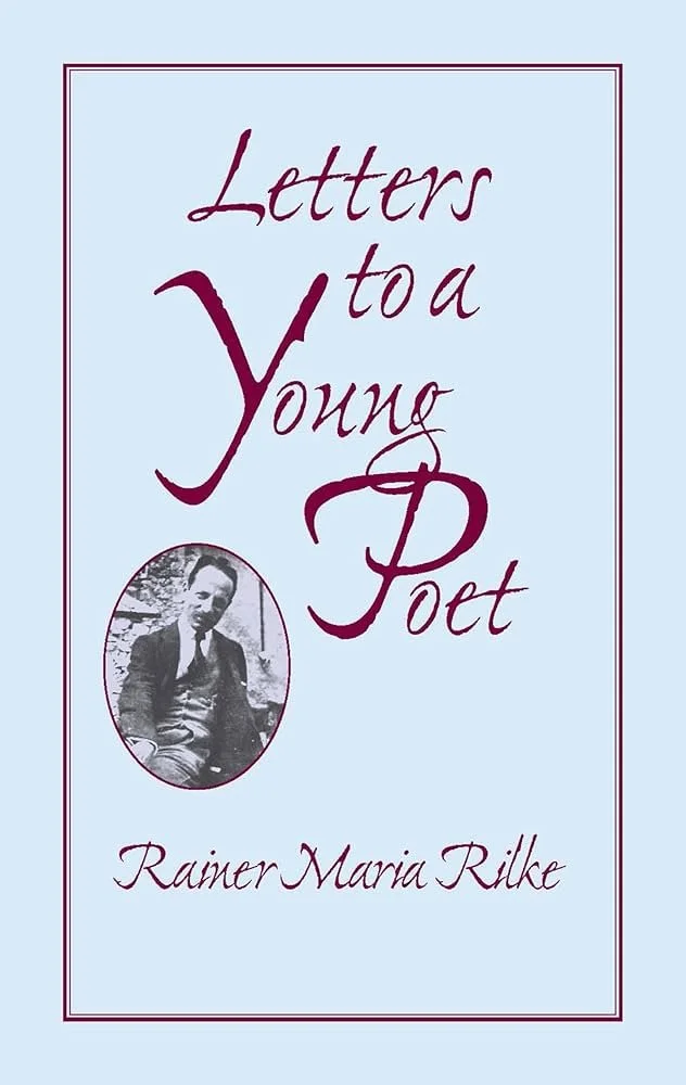 Book cover titled 'Letters to a Young Poet' by Rainer Maria Rilke, featuring a black-and-white photograph of a man in a suit.