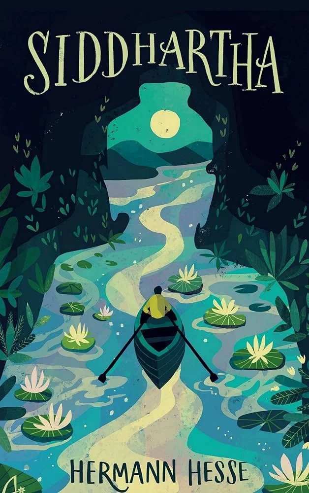 A person rowing a boat on a river surrounded by lush greenery and lotus flowers, with a large jar-shaped opening in a dark cave and a mountain landscape under a full moon in the background. The title 'Siddhartha' and the author's name 'Hermann Hesse' are displayed at the top and bottom.