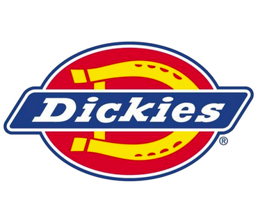 Logo de la marque Dickies, avec un ovale rouge, jaune et bleu contenant le nom en blanc.