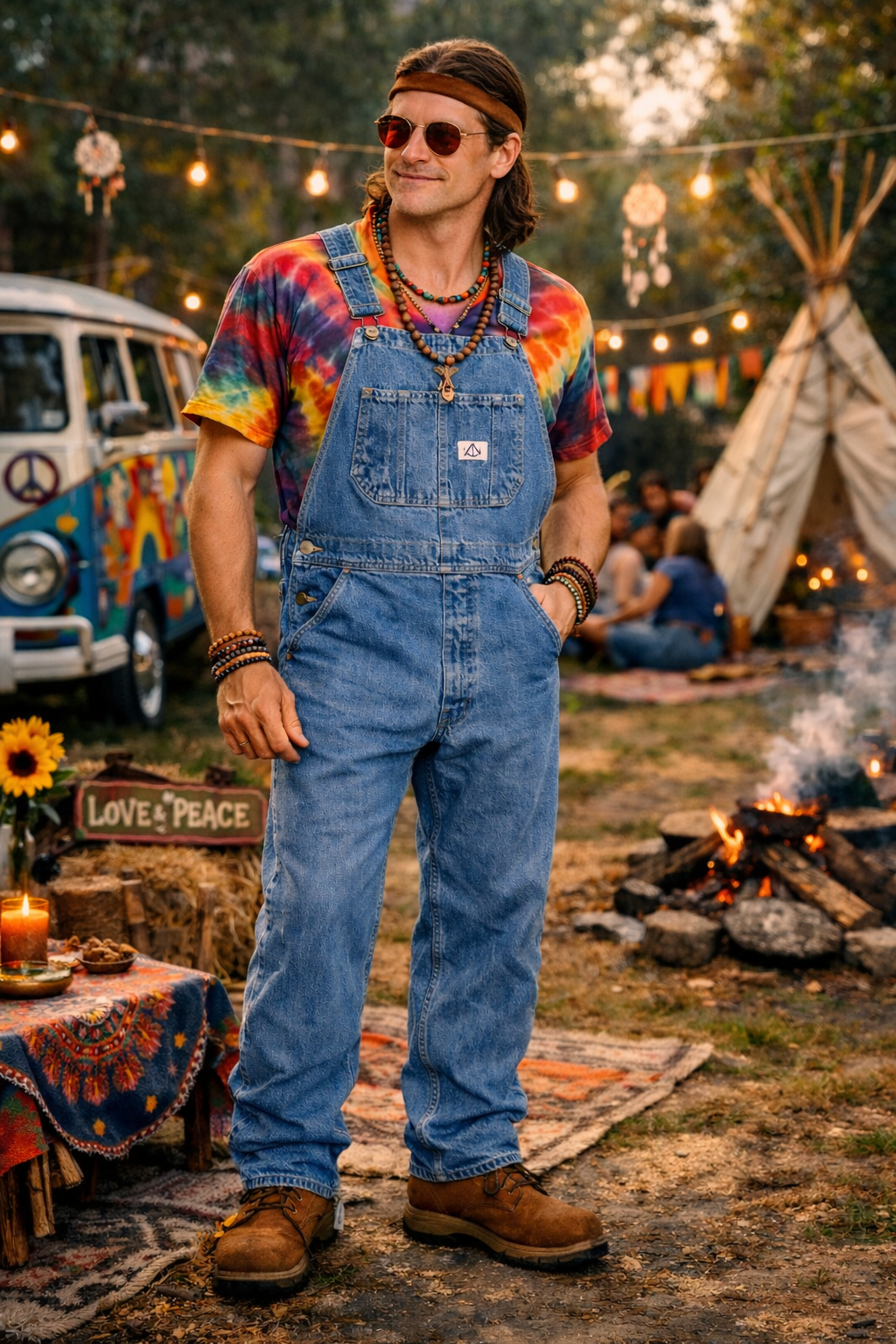 Homme portant un t-shirt tie-dye, salopette en jean et accessoires bohèmes, se tenant dans un camping bohème avec des guirlandes lumineuses et un camion coloré en arrière-plan.