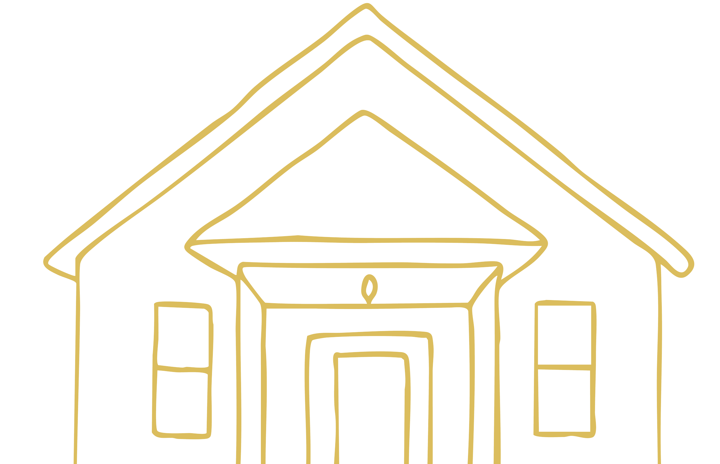 Gold outline drawing of a house with a door, windows, and a pitched roof on a black background.