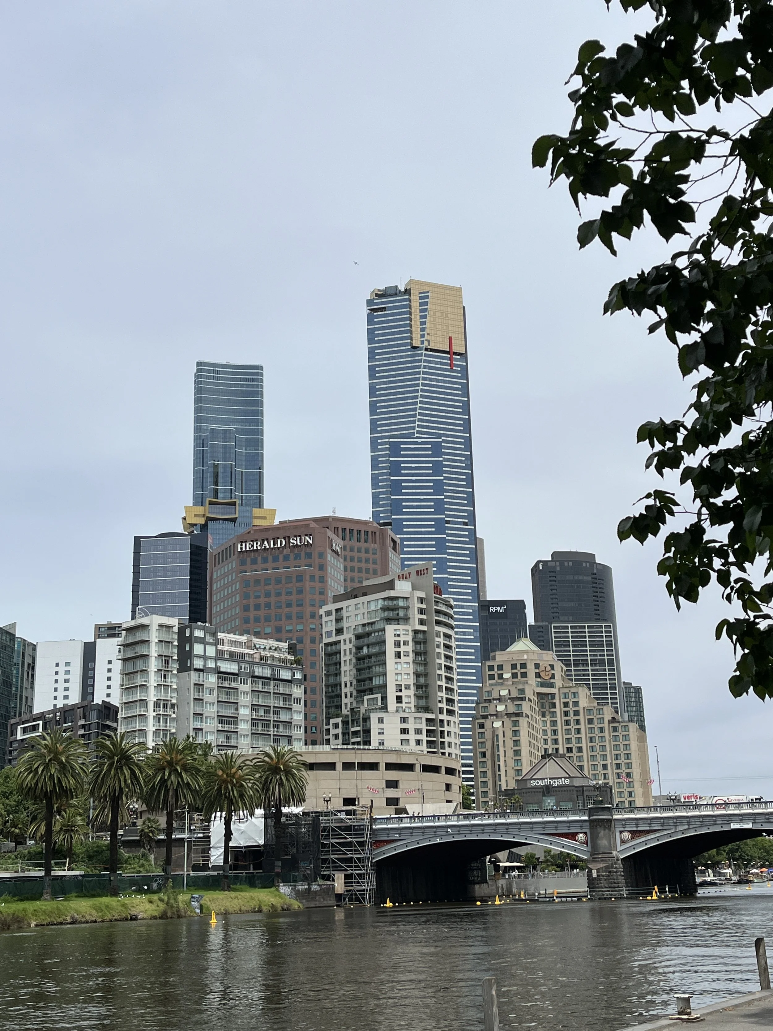 View of downtown skyscrapers along a river, with palm trees and a bridge in the foreground.