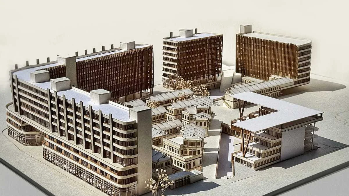 Détail de maquette architecturale reflétant la structuration de l’identité visuelle et la cohérence du discours de marque de Modulus sur les réseaux sociaux.