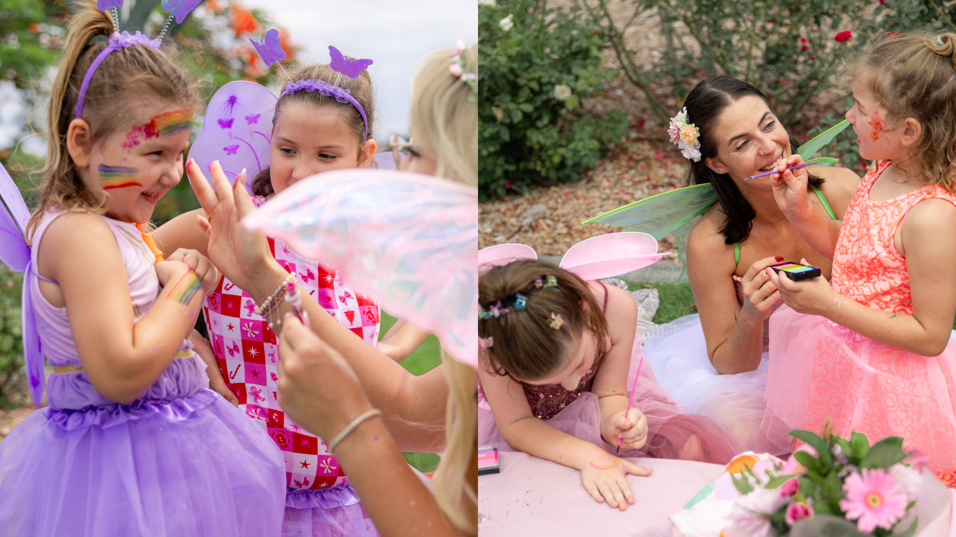 Children dressed as fairies with wings and face paint, celebrating outdoors with a woman helping them paint faces, surrounded by flowers and greenery.