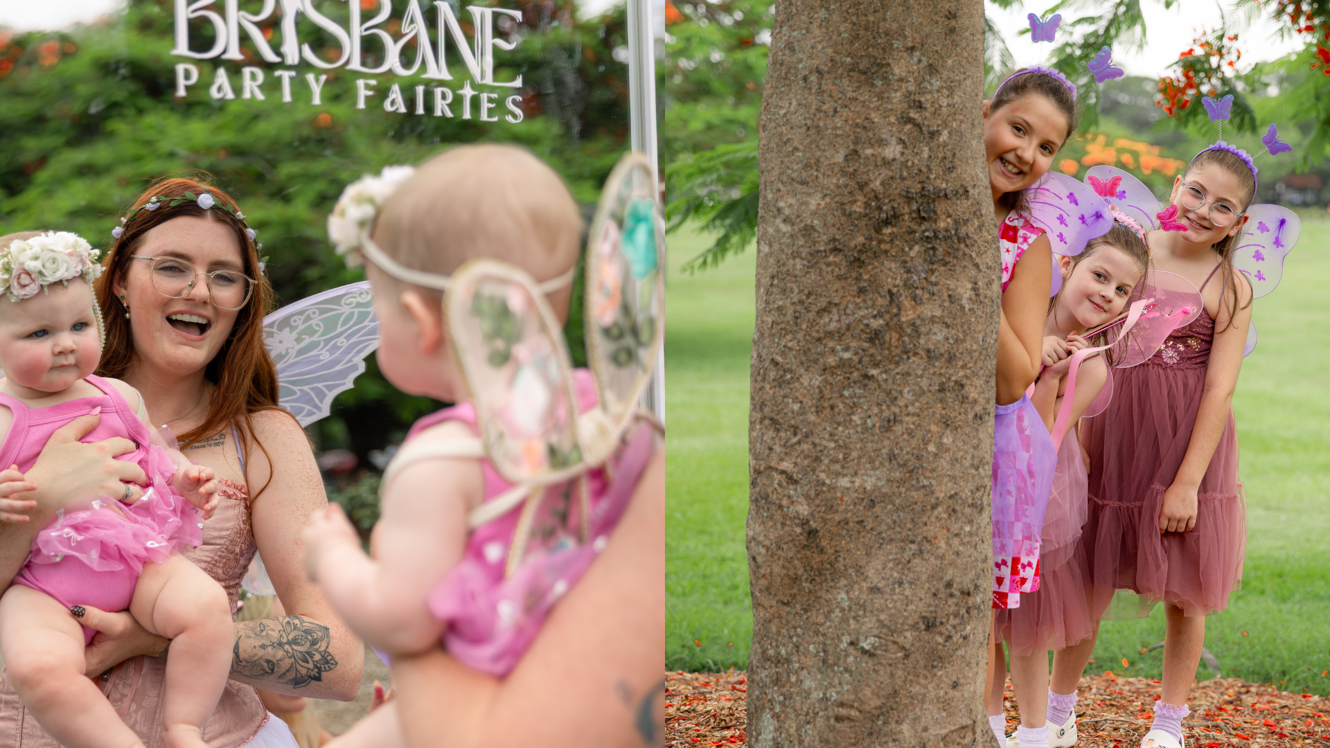 A group of young girls dressed in fairy costumes, with wings and accessories, playing behind a tree in a park. One girl peeks out from behind the tree, while two others stand together smiling.