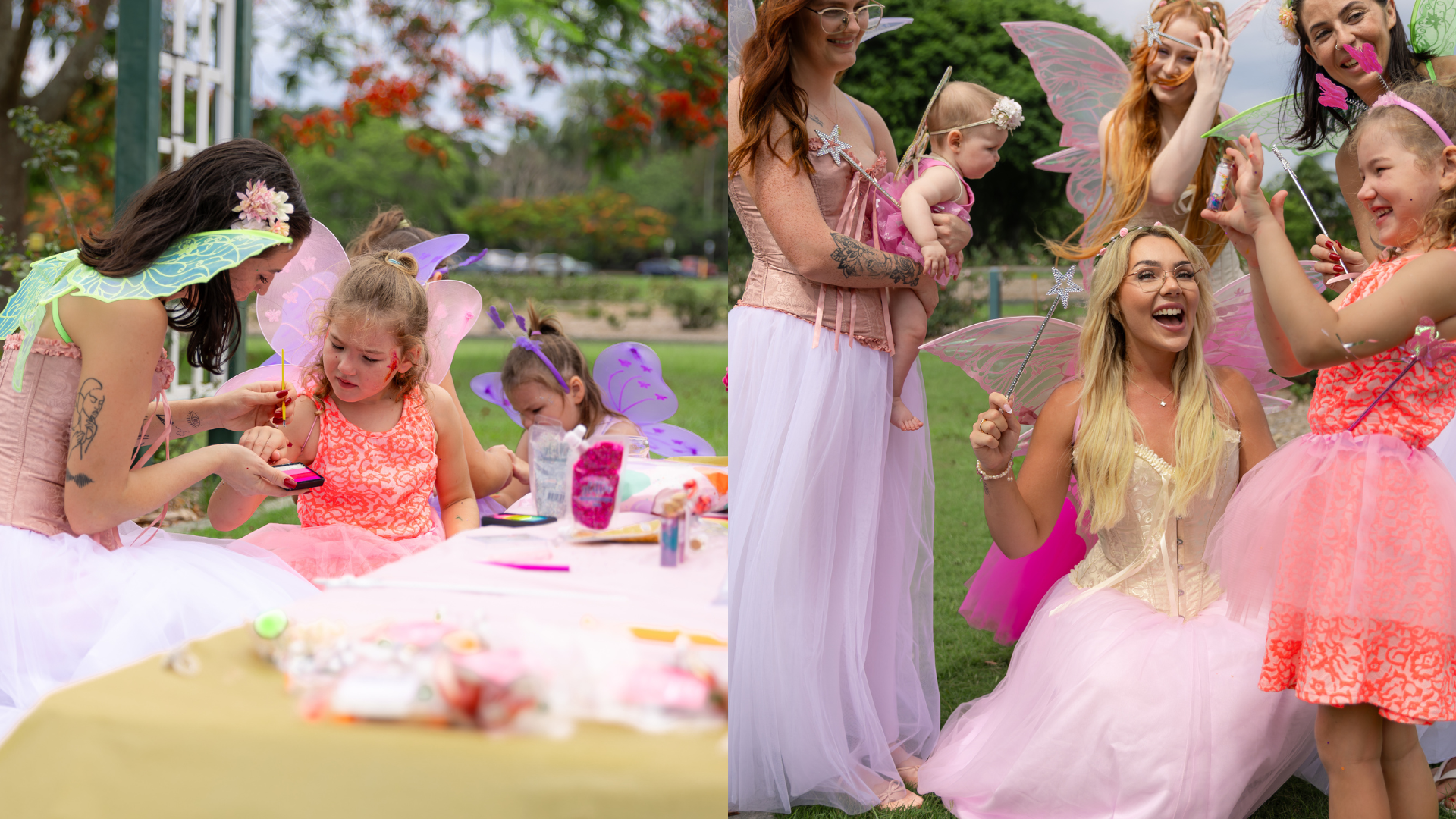 Children and adults dressed as fairies and princesses celebrating at a fairy-themed party outdoors. Some are wearing fairy wings and holding wands, with a decorated table in the foreground and a garden setting in the background.