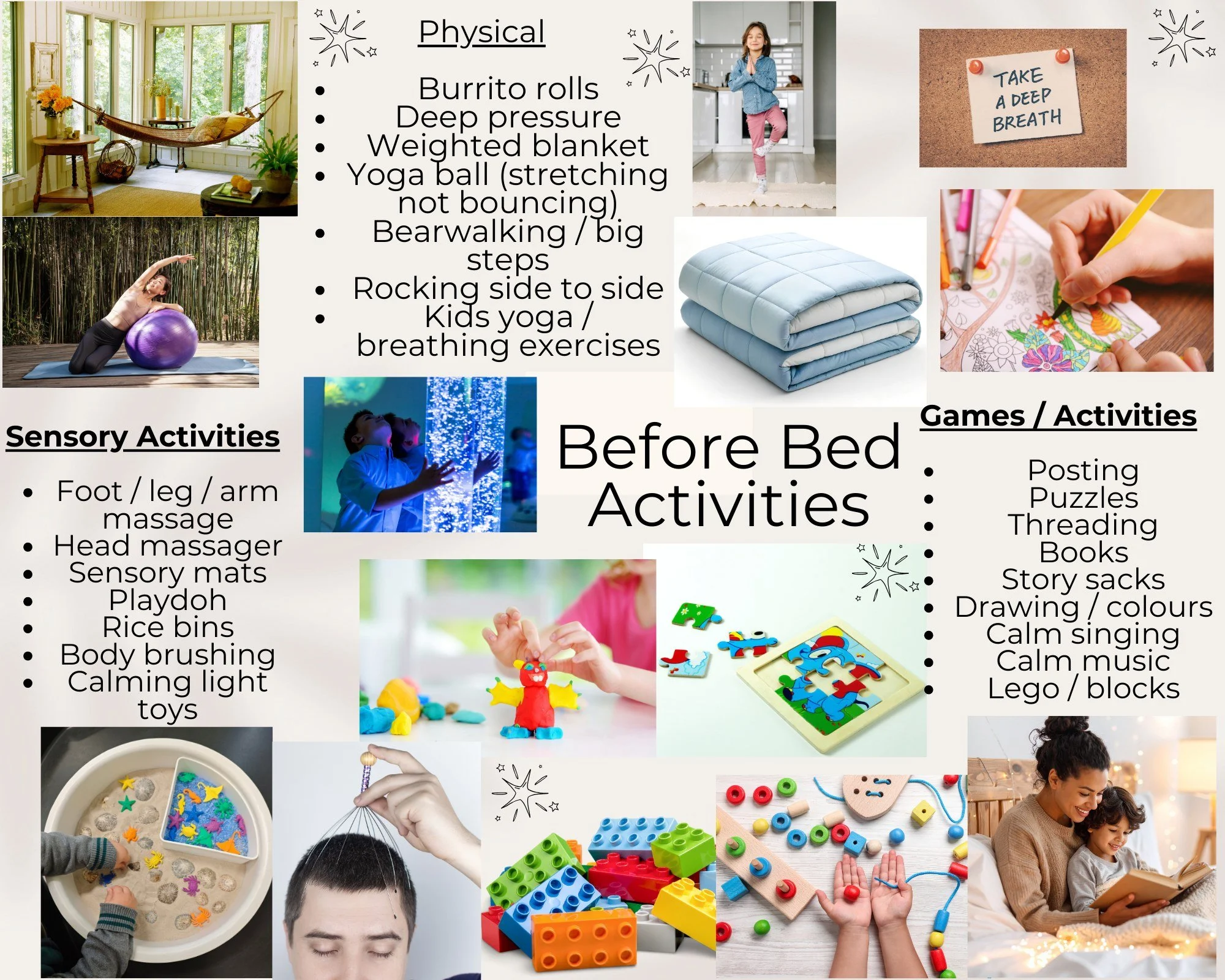 A digital collage with tips for pre-bed activities, including physical exercises like yoga and bearwalking, sensory activities like foot and head massage, and games like puzzles and reading, with various images of children, adults, and comfort items.