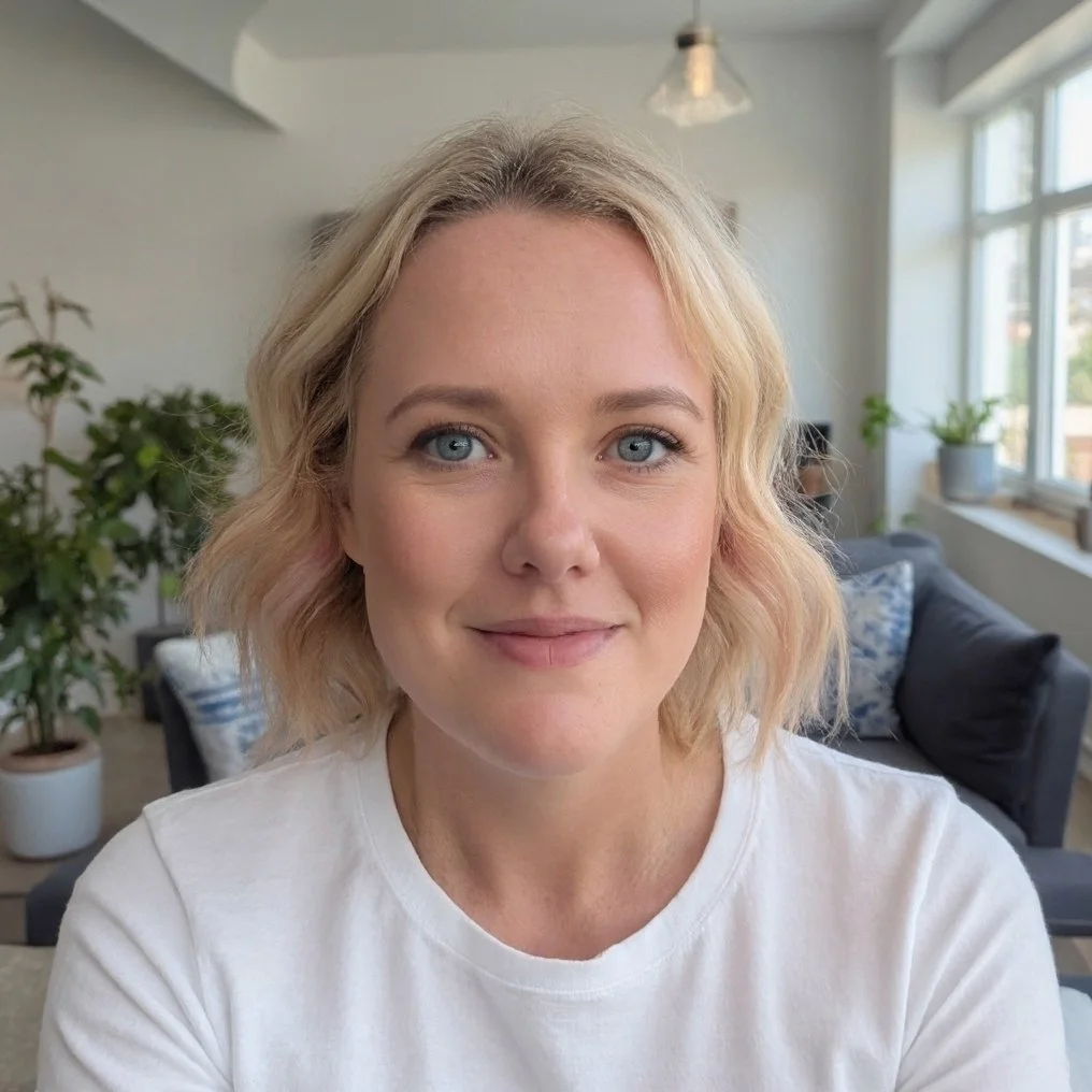 A woman with blonde, wavy hair and blue eyes smiling at the camera, sitting in a bright living room with large windows, houseplants, and a couch in the background.