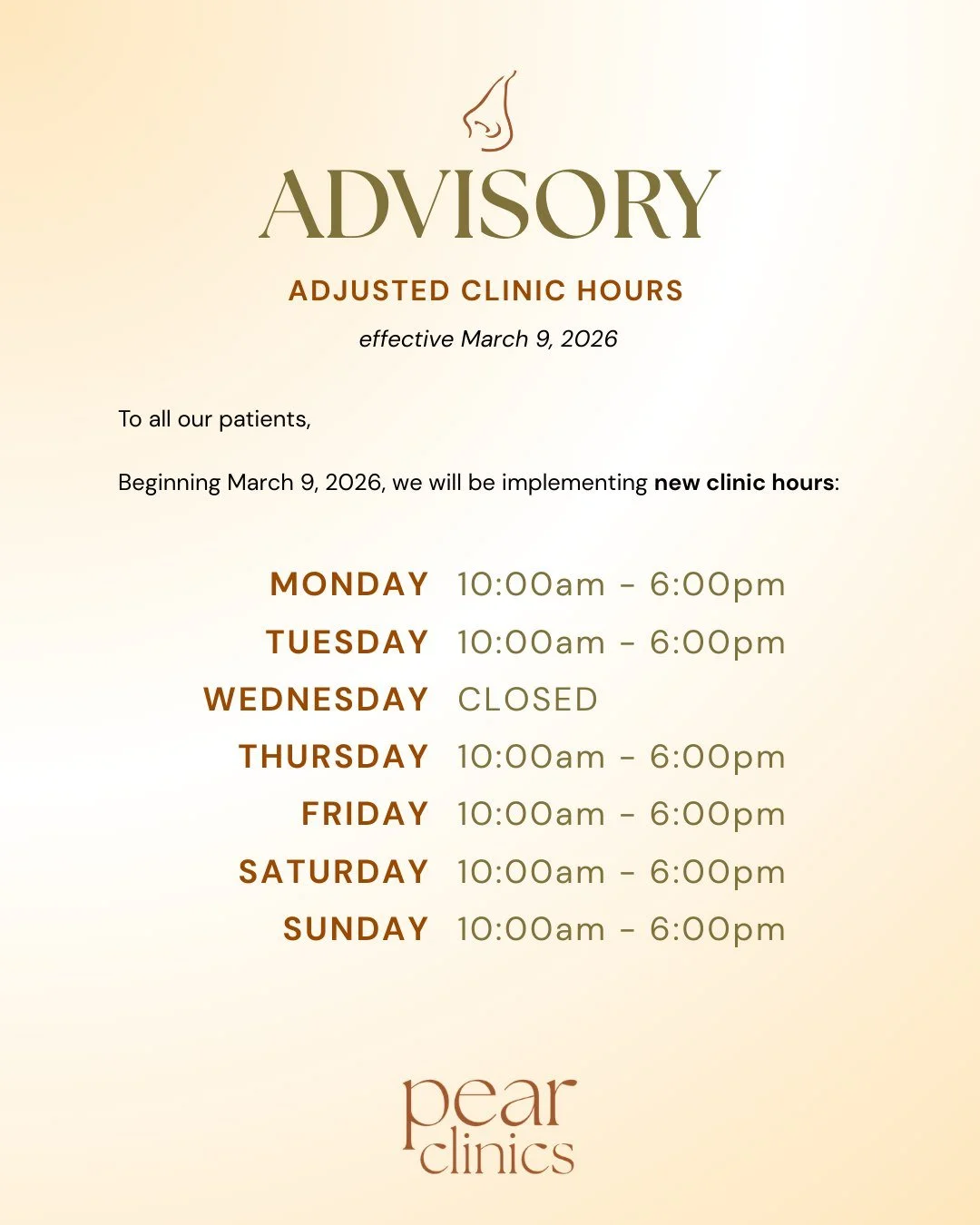 📣 NEW CLINIC HOURS

To all our patients, we will be implementing a new clinic schedule beginning March 9, 2026.

Thank you for your understanding and we look forward to seeing you soon! 🍐