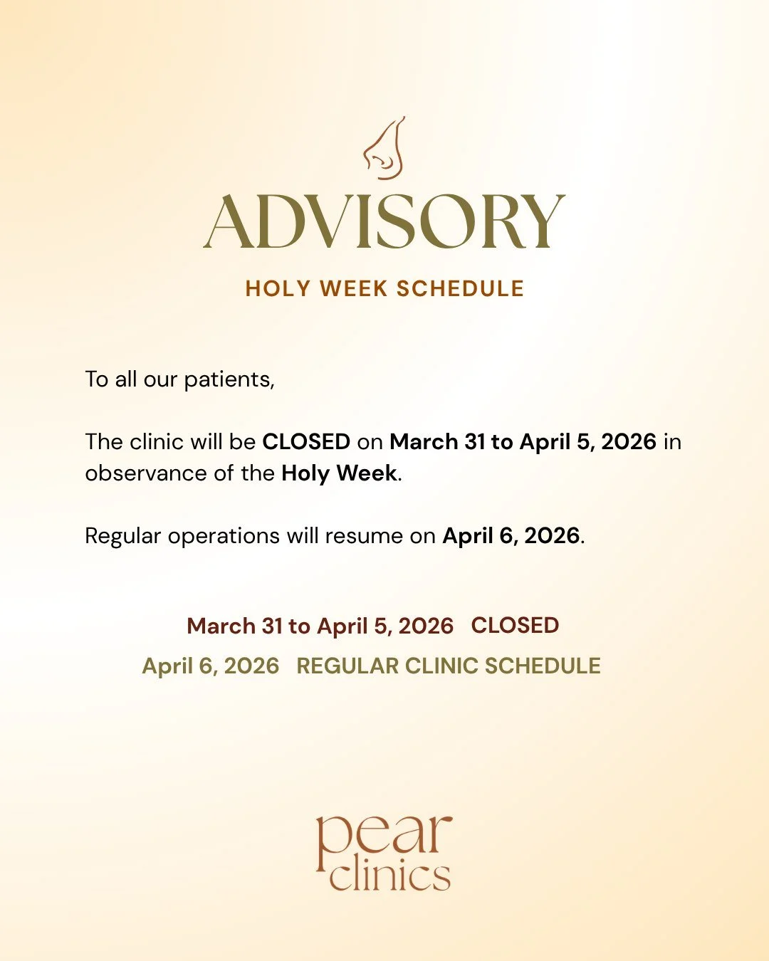 HOLY WEEK SCHEDULE 🍐

Please check out our advisory for our holy week schedule. 

March 31, 2026 to April 5, 2026 (Holy Tuesday to Easter Sunday) - CLOSED 
April 6, 2026 - REGULAR CLINIC SCHEDULE

Have a restful break, everyone!