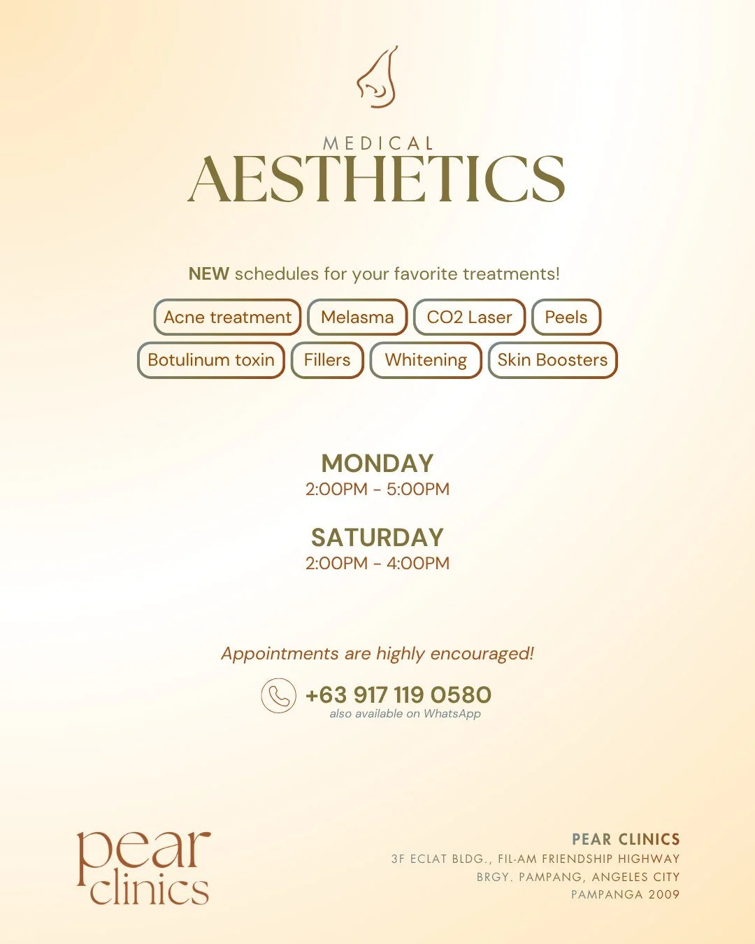 Explore medical aesthetics at Pear Clinics 🍐

We're looking forward to your next visit as have new schedules for your favorite treatments:

MONDAY 2pm-5pm
SATURDAY 2pm-4pm

Book your appointment today!

Send us a message or call us at +63 917 119 05
