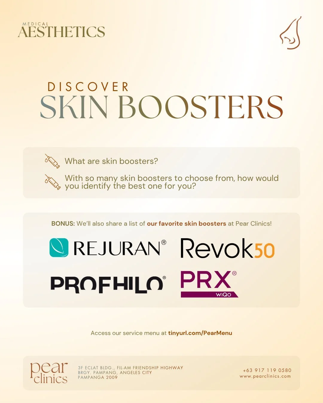 With so many skin boosters to choose from, how would you know the best one for you? 💉

Check out our information series on Discovering Skin Boosters at Pear Clinics! 🍐