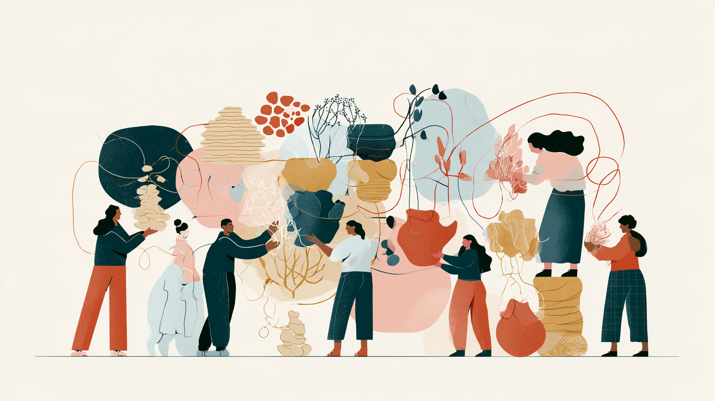 An illustration of seven people collaborating to assemble an abstract arrangement of colorful vases, pots, and plant-like shapes, connected by flowing lines. Designed by Abigail Bentley of AB Research Consulting.
