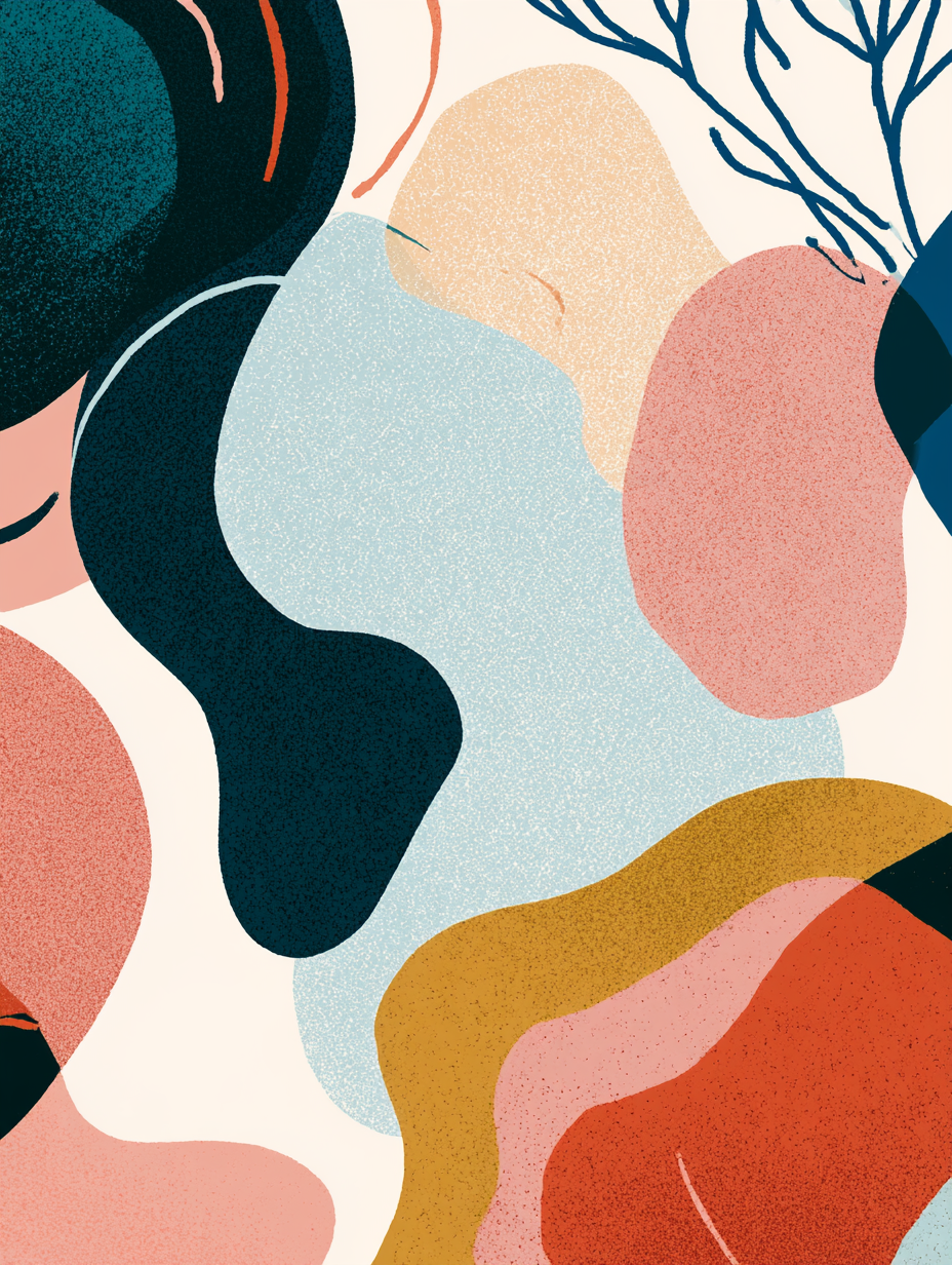 Abstract art with colorful organic shapes in shades of pink, blue, beige, black, and mustard yellow. Designed by Abigail Bentley of AB Research Consulting.