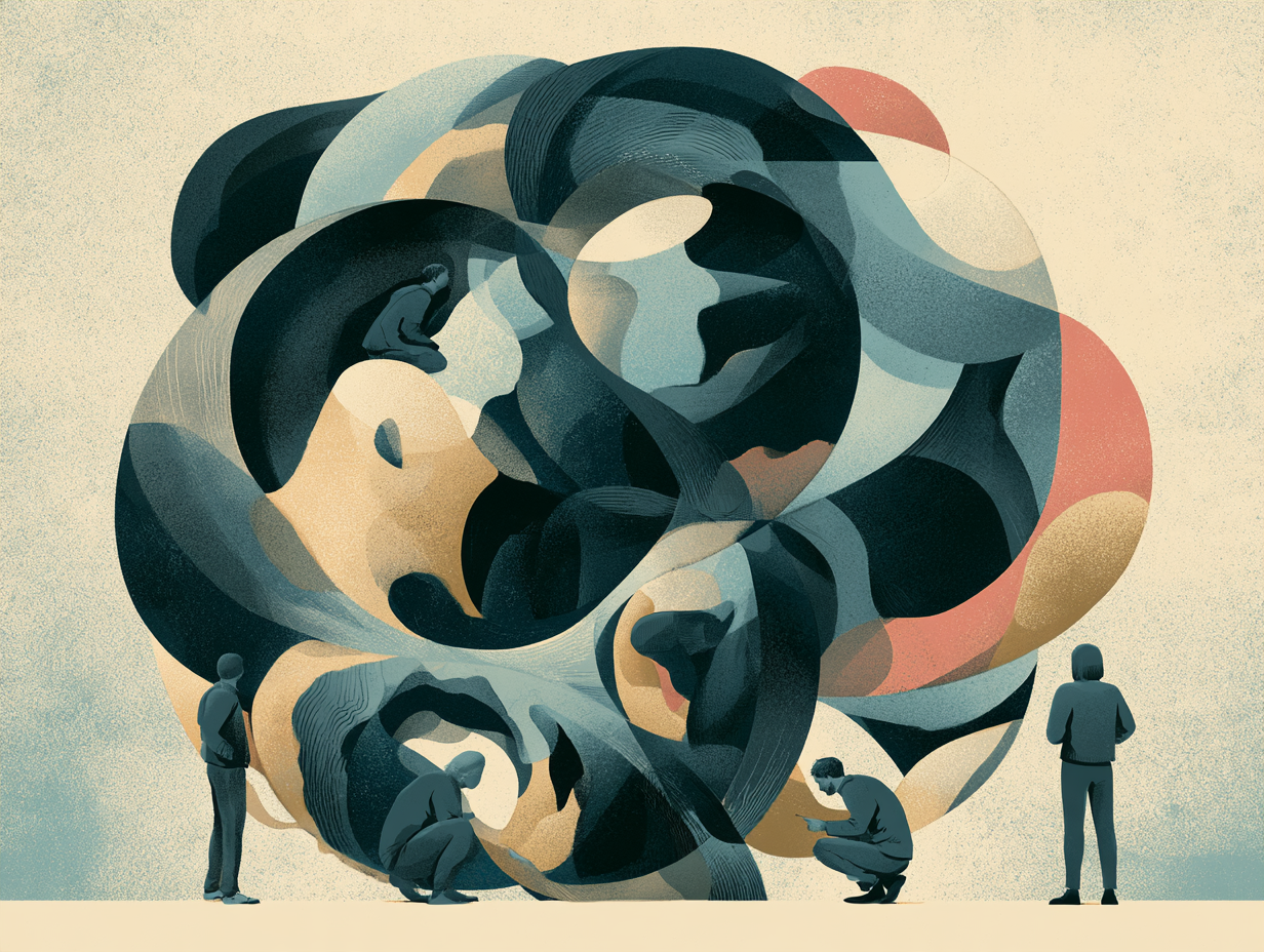 Four people observe, examine, and discuss a large, abstract, multi-colored painting of human faces intertwined, created in a painterly style. Designed by Abigail Bentley of AB Research Consulting.